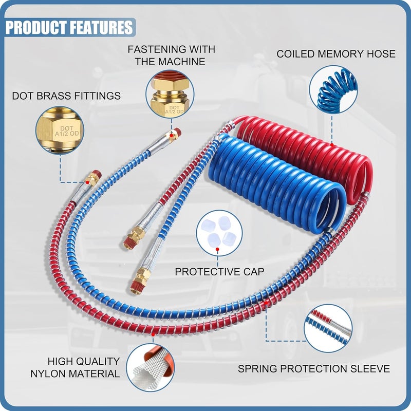 Ailbiuko Semi Truck Air Brake Line Hose Coil Assembly Coiled Set Airline Kit Blue Red Pigtail Air Hose for Tractor Trailer,1/2" NPT DOT Fittings (15' Length x 40" Tractor Lead) - Image 2